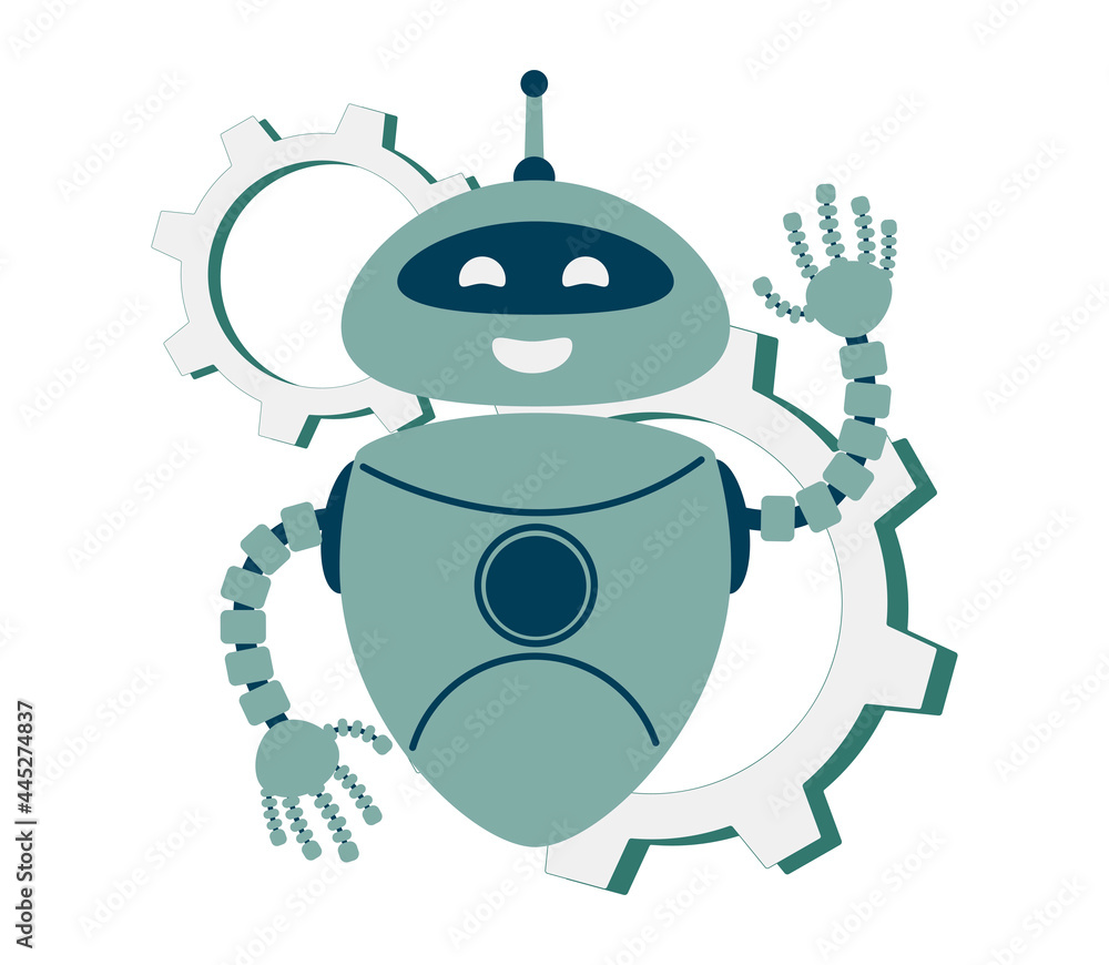 Poster smiling chatbot helping solve a problems. robot shaking hand. greeting moves. vector illustration. i