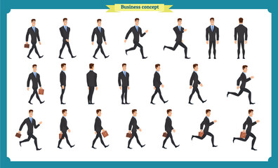Collection set of Walking and running businessman. Walk, run, active. Variety of movements. Flat Character man cartoon style, Side view, haft front view,Vector design isolated vector. Business people