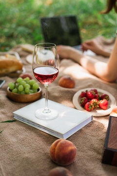 Cropped view of wine glass on book near fruits and blurred woman on blanket outdoors