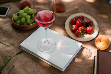 Fruits, books and glass of wine on blanket