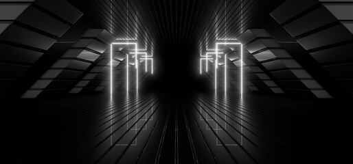 A dark tunnel lit by white neon lights. Reflections on the floor and walls. 3d rendering image.