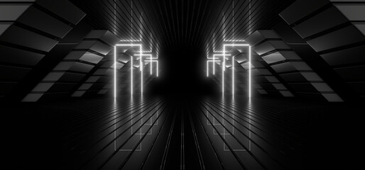 A dark tunnel lit by white neon lights. Reflections on the floor and walls. 3d rendering image.