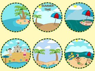Six Vintage Island and Summer Time Theme, Yellow Colors Background, Vector and Illustration 