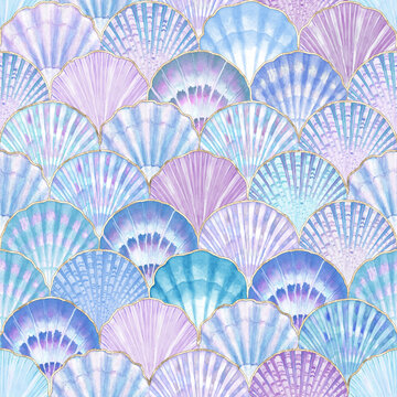 Watercolor sea shell seamless pattern. Hand drawn seashells texture vintage ocean background