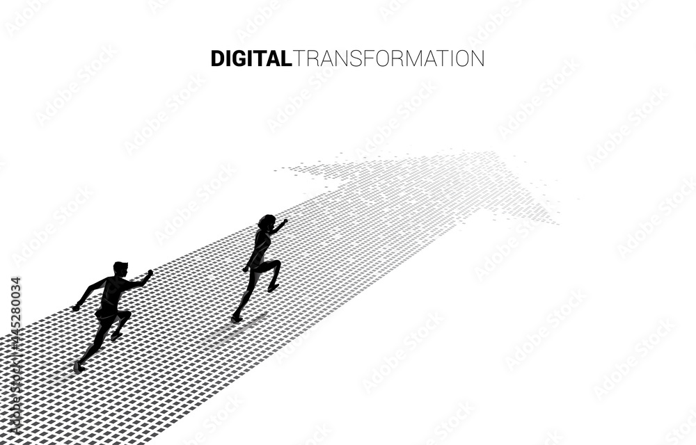 Poster silhouette of businessman running on the arrow from pixel. concept of digital transformation of busi