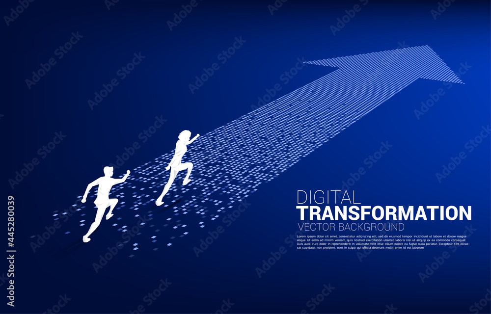Aufkleber Silhouette of businessman running on the arrow from pixel. concept of digital transformation of business.