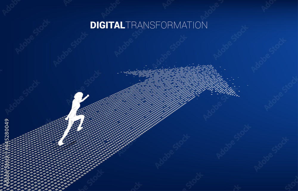 Poster silhouette of businessman running on the arrow from pixel. concept of digital transformation of busi