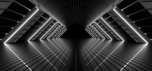 A dark tunnel lit by white neon lights. Reflections on the floor and walls. 3d rendering image.