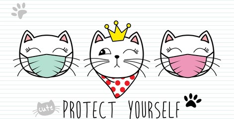 Protect youself. Illustration of cat wearing protective medical mask for prevent virus. COVID-19 prevention.