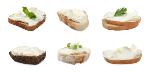 Set of bread with cream cheese on white background. Banner design