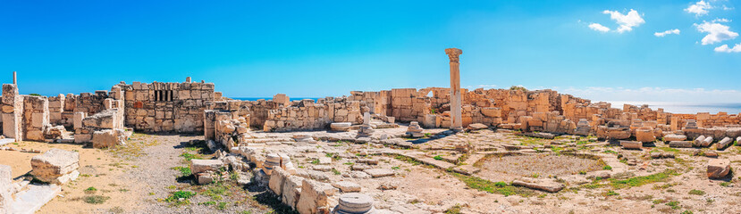 Panoramic view of the ruins of the ancient Greek city Kourion (archaeological site) near Limassol,...
