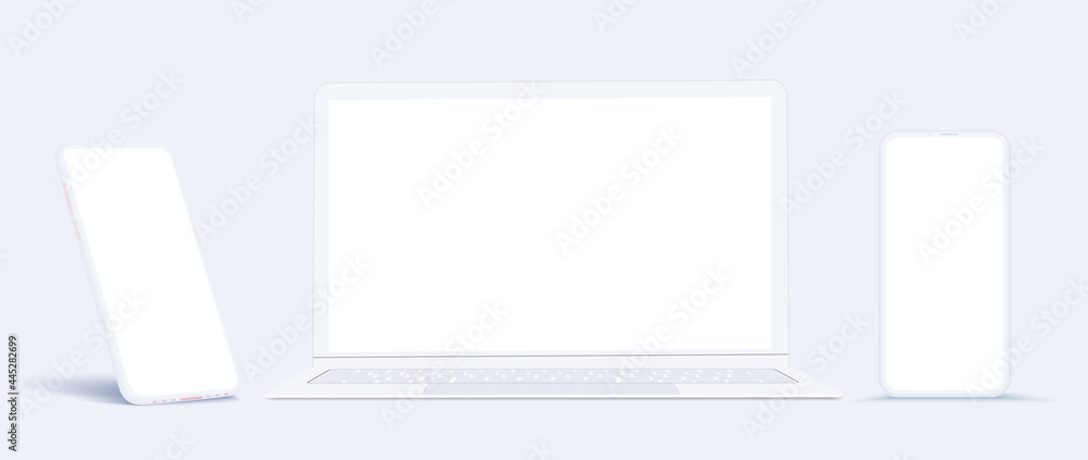 Poster the layout is a template for a mobile phone and a laptop. a white phone in the rotated position with