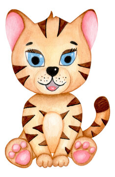 Cute tiger isolated on white background. Tiger baby. African animal character. Watercolor hand drawn illustration. Funny cartoon character. 