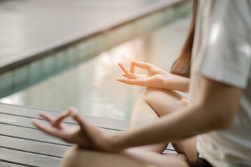 yoga women sitting on the floor, relax time after workout, fitness women