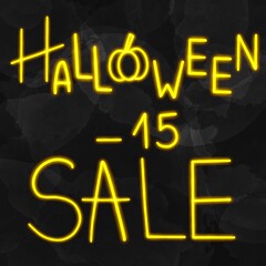 Digital neon banner Halloween sale,discount. Autumn promotion. Hand draw lettering 