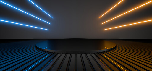 Empty stage, podium, place for product. Colored neon lights. 3d rendering image.