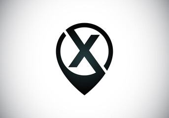 Initial X monogram letter alphabet with location icon pin sign. Font emblem. Navigation map, GPS, direction, place, compass, contact, search concept. 