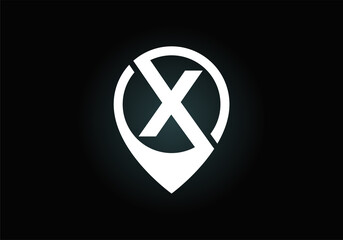 Initial X monogram letter alphabet with location icon pin sign. Font emblem. Navigation map, GPS, direction, place, compass, contact, search concept. 