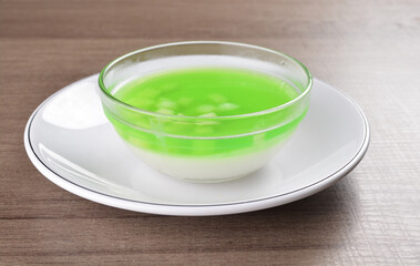 asian fresh cold pandan coconut coffee pudding jelly in bowl Thai dessert halal menu