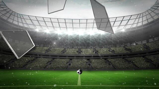 Animation of snow falling over football breaking through glass wall at sports stadium