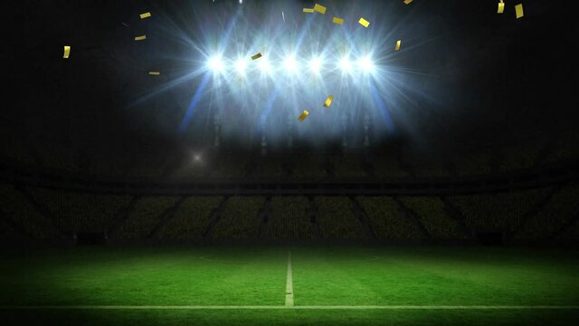 Animation of gold confetti falling over floodlit pitch at sports stadium at night
