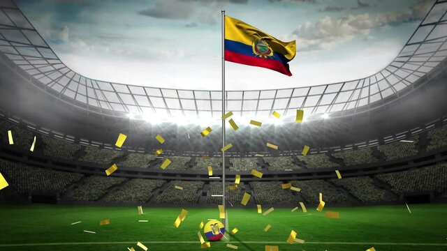 Animation of gold confetti falling over flag of ecuador at sports stadium