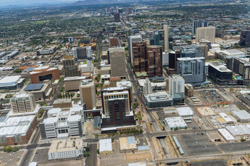 Aerial view of the growth of downtown Phoenix Arizona US looking west in the distance