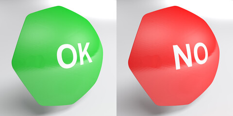 Green OK and Red NO icons isolated on white background - 3D rendering illustration