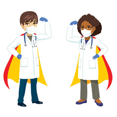 Fototapeta premium Doctor super heroes posing wearing medical mask and flexing arm to stop coronavirus on covid pandemic time