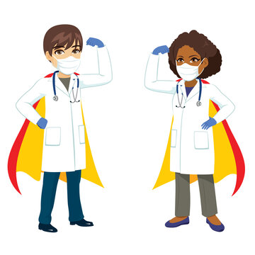 Doctor super heroes posing wearing medical mask and flexing arm to stop coronavirus on covid pandemic time
