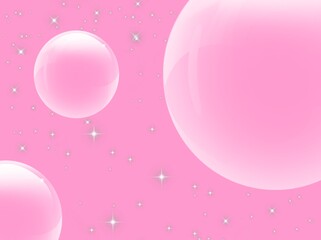 Abstract illustration of the universe with spheres like planets and stars on a pink background.