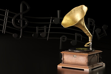 Old antique Gramophone or Phonograph and black music notes in dark black background. It's a popular mythical music player. It works by wind up. The concept of music and aesthetics. 3D illustration.