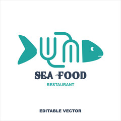 Fish and fork sea food restaurant logo or icon vector illustration.