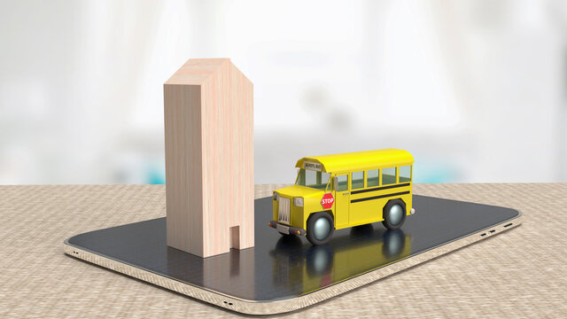 The school bus and wood home on tablet for education concept 3d rendering.