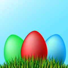 Three multi-colored eggs in the grass. festive concert. Vector illustration