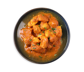 Plate of delicious chicken curry on white background, top view