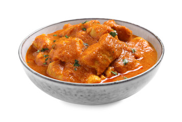 Bowl of delicious chicken curry on white background