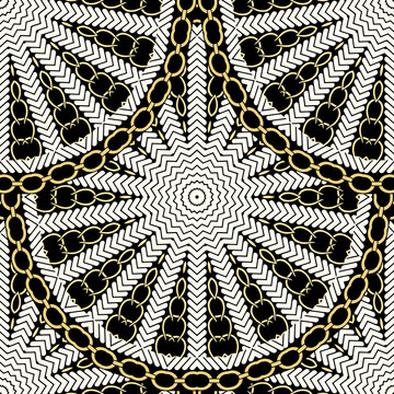 Chains mandalas tiled seamless pattern. Vector ornamental tribal ethnic style background. Lacy radial floral ornament with chains, necklace, zigzag. Decorative design. Abstract colorful flower
