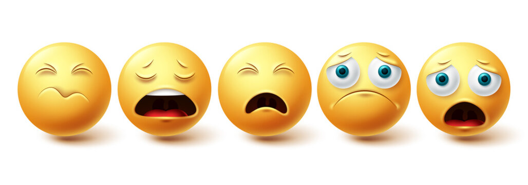 Naklejki Smiley emoji sad vector set. Smileys and emoticon lonely, shocked and depressed yellow faces collection isolated in white background for emoji graphic elements . Vector illustration 