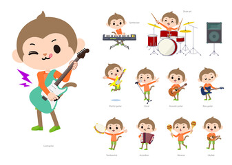 ロックンロールやポップミュージックを演奏するさるの男の子のセット