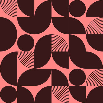 Fototapeta Black and pink abstract vector seamless pattern with geometric shapes. Vintage retro bauhaus design background.