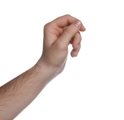 Man holding something on white background, closeup
