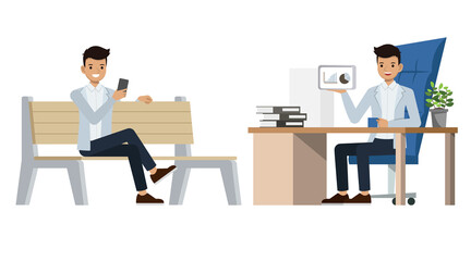 Asian businessman wear blue suit character vector design. Presentation in various action.