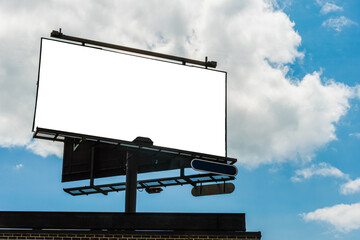 Billboard blank for advertisement, sunny day. Bright sun - cloud day background - template, copy...