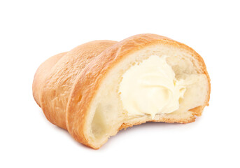 Half of delicious croissant with cream isolated on white