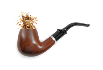 Classic smoking pipe with tobacco on white background, top view