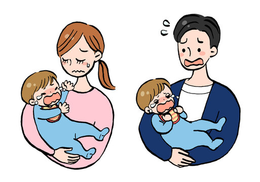 泣く赤ちゃんを抱っこしたお母さんとお父さんのイラストセット