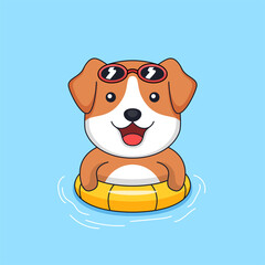 Cute dog wearing sunglasses and floating tire on swimming pool animal mascot cartoon vector illustration