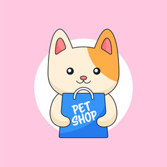 Cute cat holding shop bag for pet shop animal mascot cartoon vector illustration