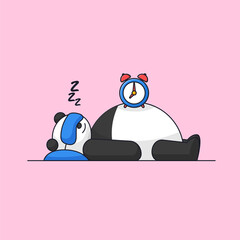 Cute fat panda tired sleeping wearing blindfold and alarm clock on his belly animal mascot cartoon vector illustration